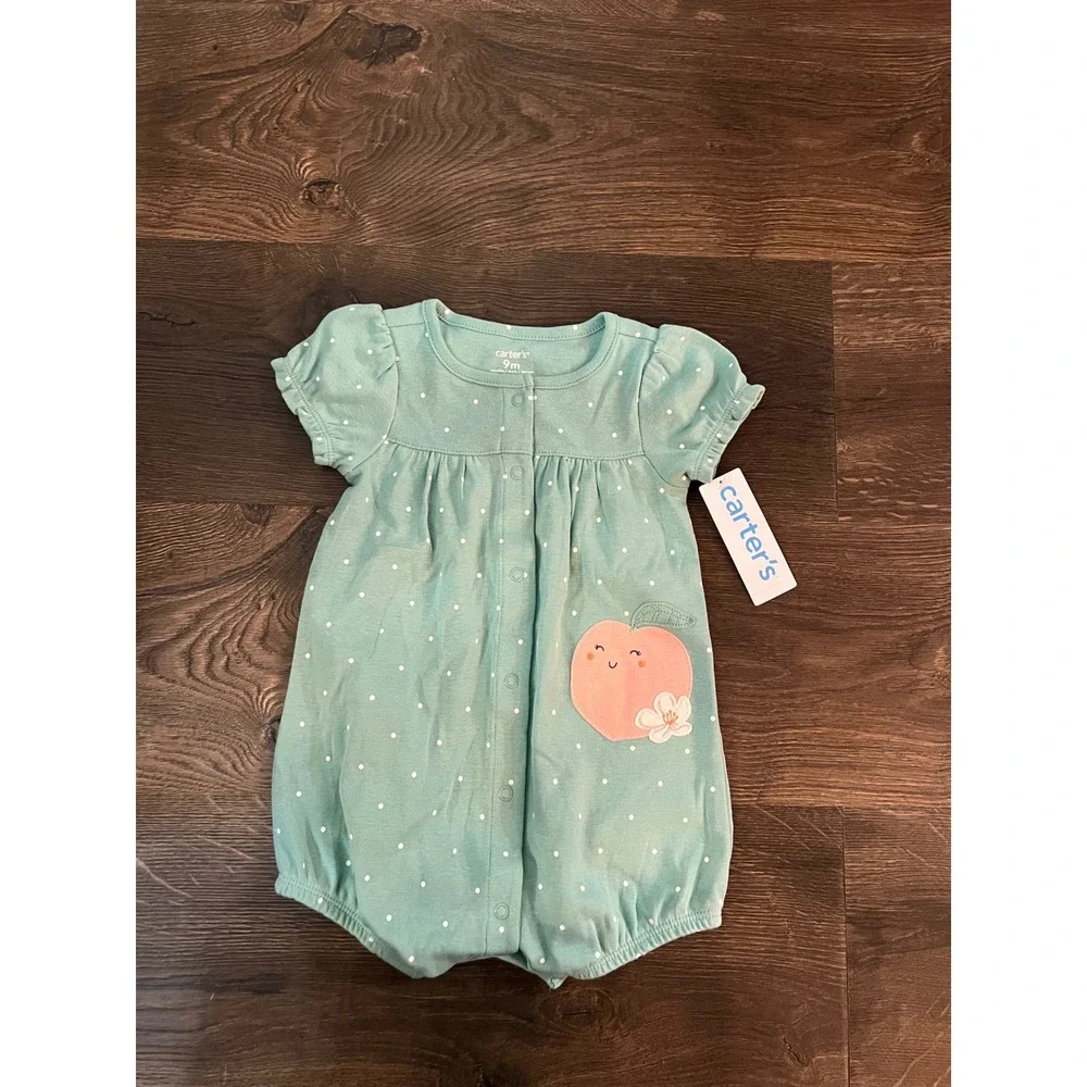 Carters Baby Girl Mint Green Polka Dot Peach Romper 9M NWT CKT123700 AD